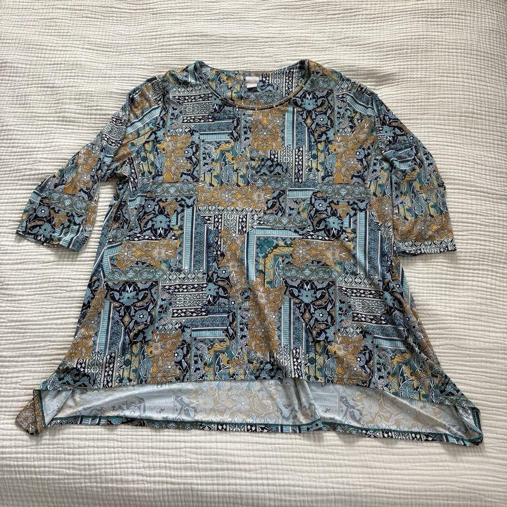 Chico's Top Size 4 XXL Paisley Soft Stretch Tunic Blouse‎ Boho 3/4 Sleeve Soft